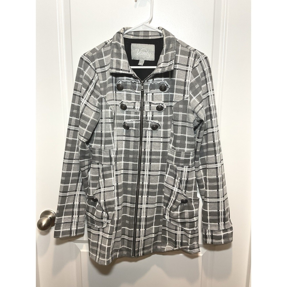 Vanity Womens Gray Plaid Military Jacket Fleece Coat Crest Buttons Large Mod